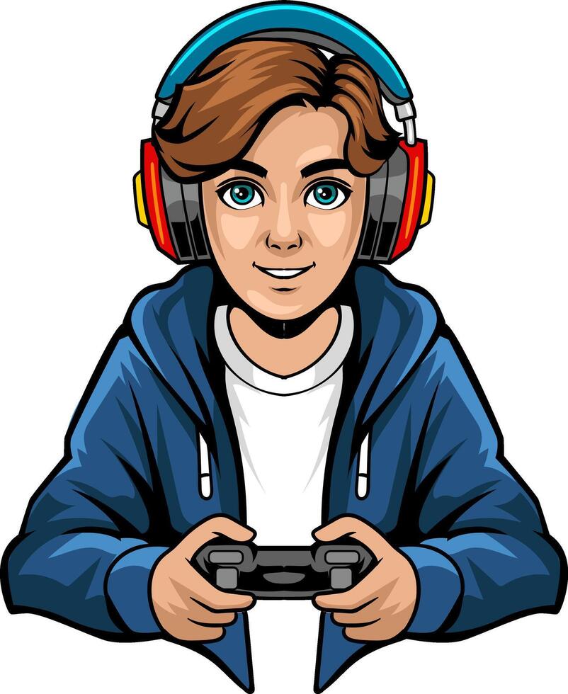 Boy Nerd playing game with joystick and headphone isolated cartoon illustration vector