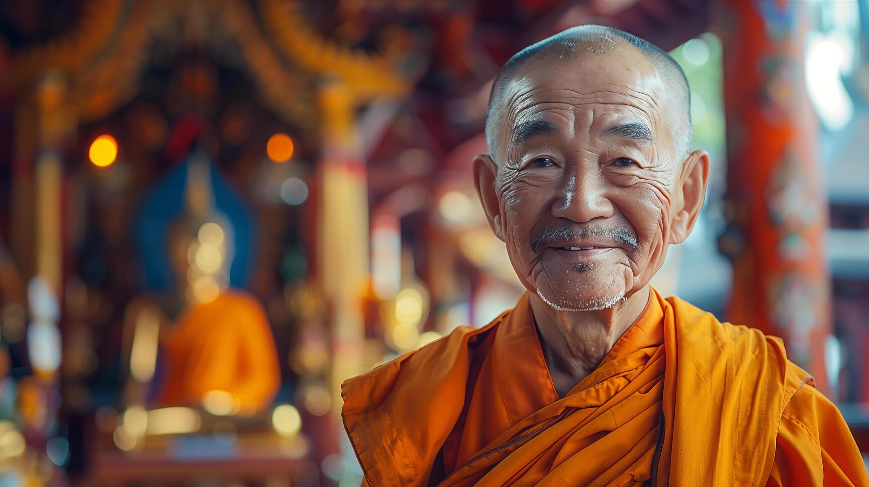 An old monk is smiling in front of a buddha statue photo