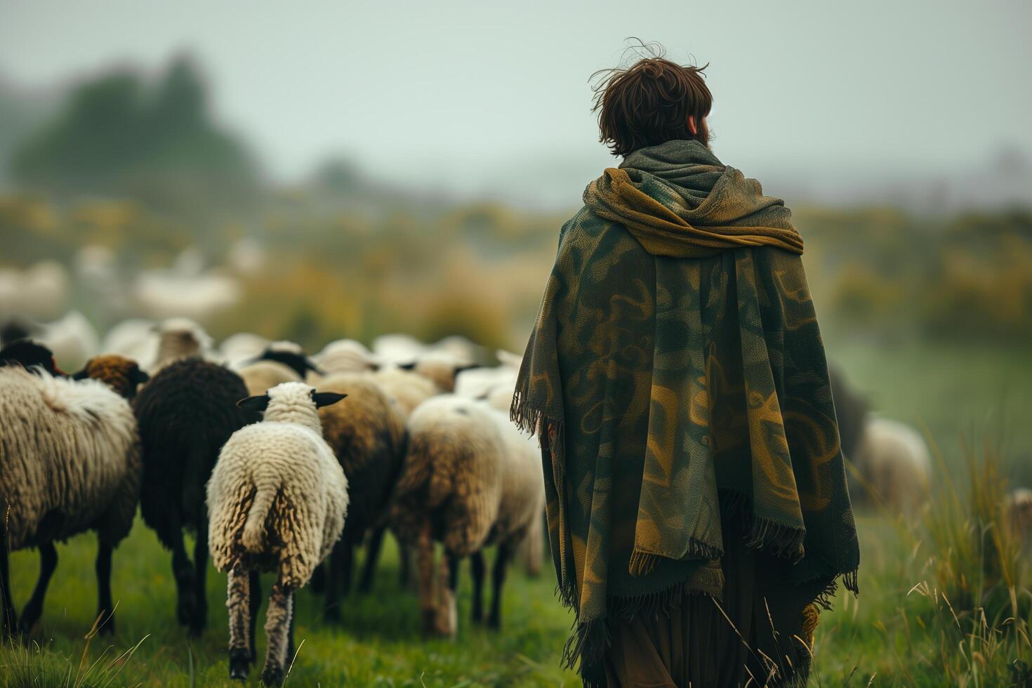 A person walking in a field with a herd of sheep photo