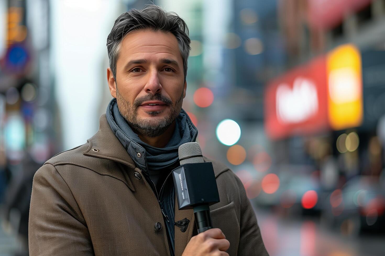 A man is holding a microphone in front of a city street photo