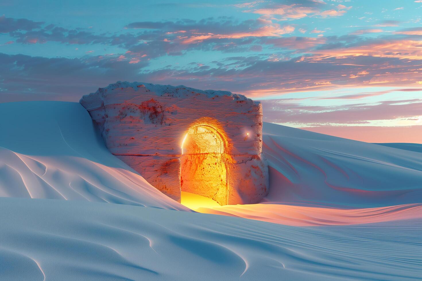 A tunnel in the desert with a light coming from it photo