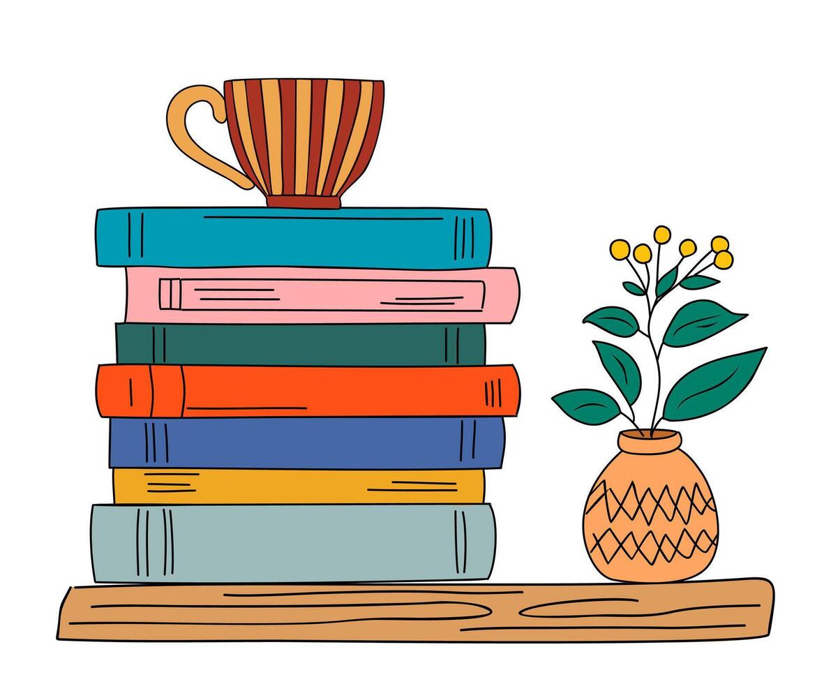 A stack of books with a vase of flowers vector