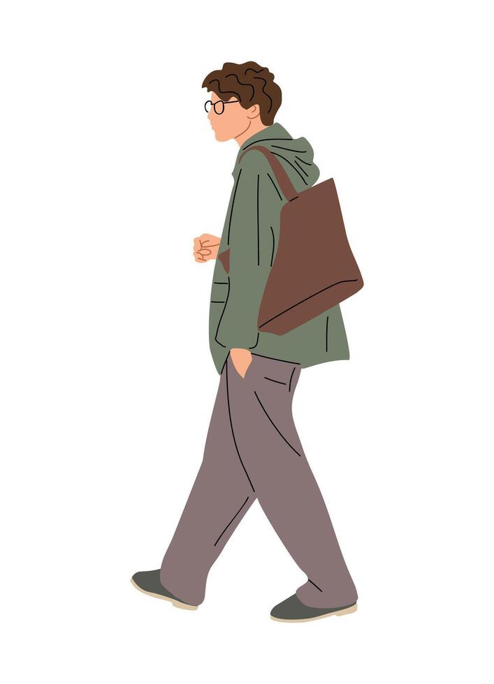 Young man wearing glasses and a green jacket walks vector