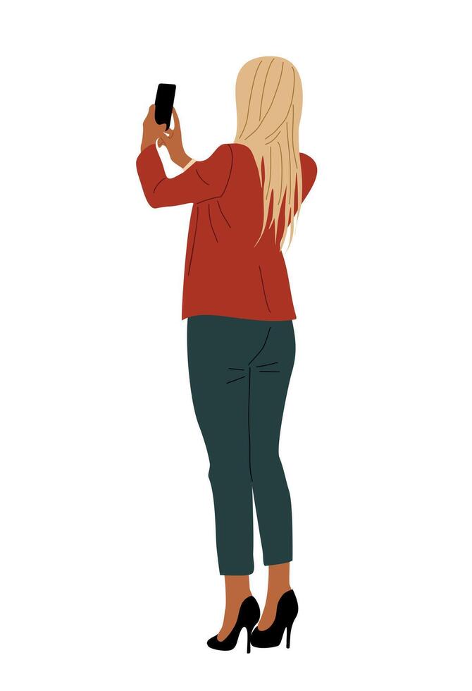 A woman in a red jacket is taking a picture vector