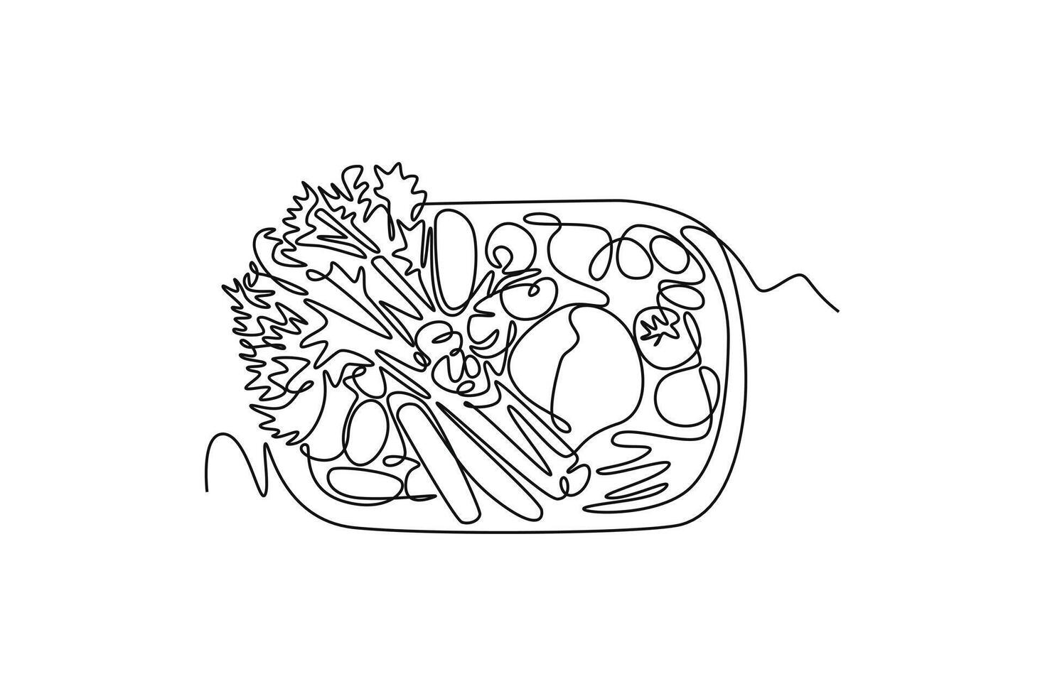 Single continuous line drawing top view wicker basket with full of raw vegetables for groceries logo. Harvest result from agriculture process. Dynamic one line draw graphic design illustration vector