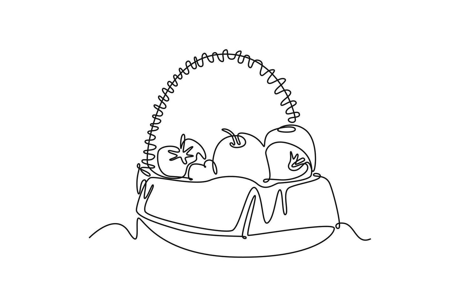 Single continuous line drawing wicker basket with full of fresh apple fruit for shop logo icon. Healthy food contains vitamins that body needs. Dynamic one line draw graphic design illustration vector