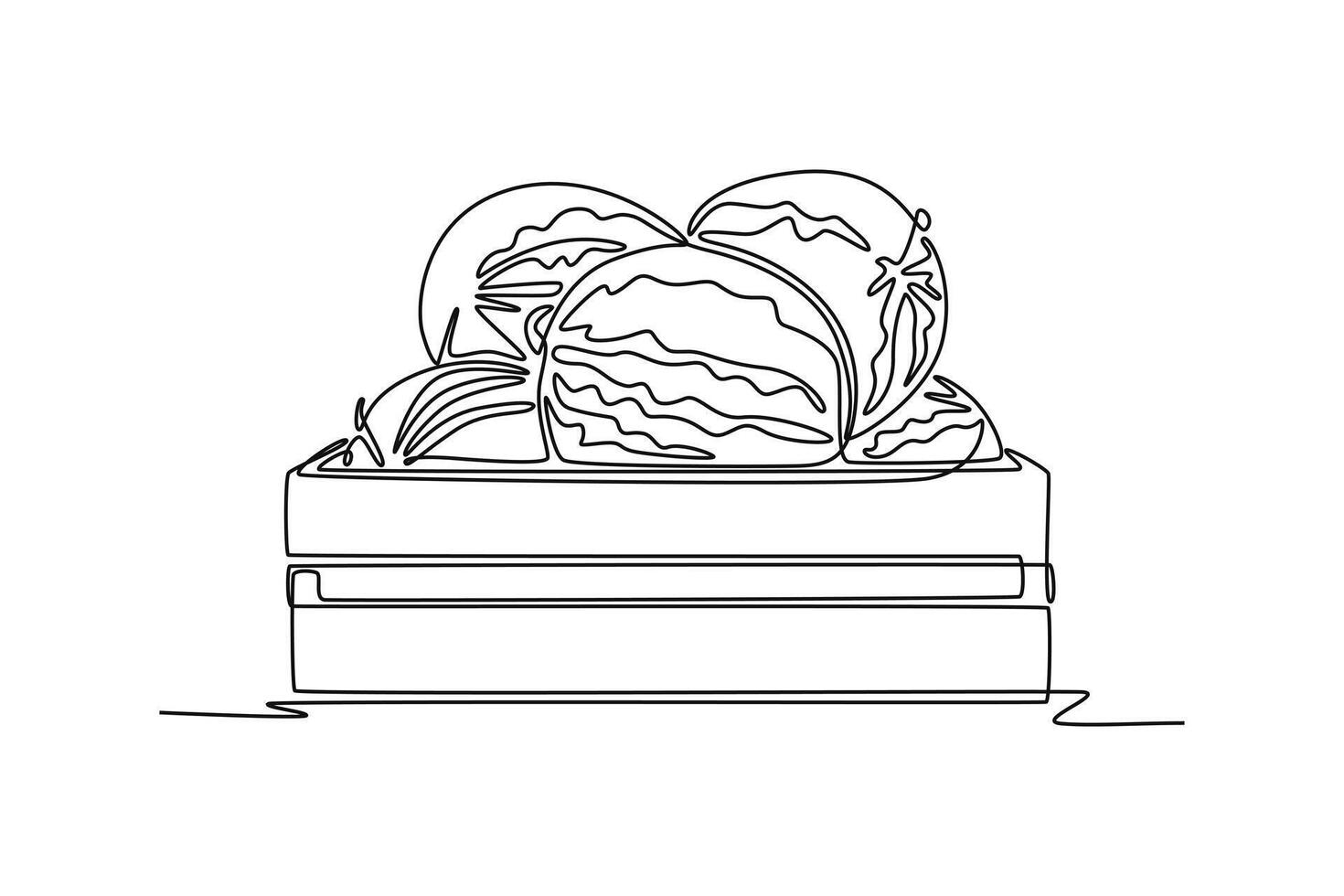 Single continuous line drawing wooden basket with full of fresh watermelon fruit for shop logo icon. Freshness healthy food contains vitamins. Dynamic one line draw graphic design illustration vector