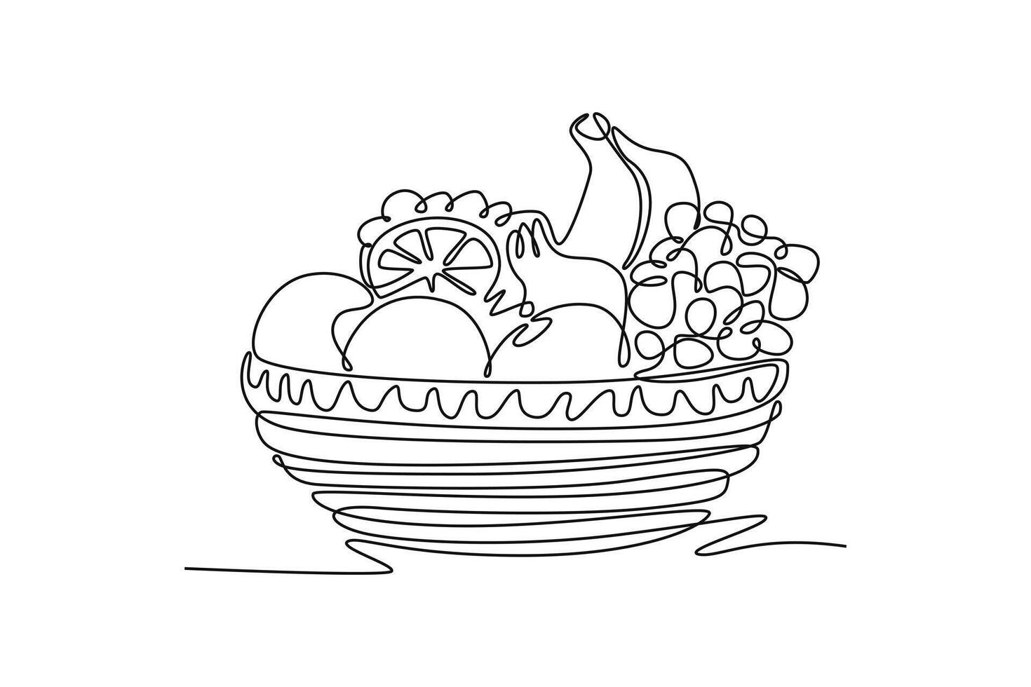 Single continuous line drawing full wicker basket containing orange, grapes, apple, pineapple and banana. Hampers parcel filled with vitamin C. Dynamic one line draw graphic design illustration vector