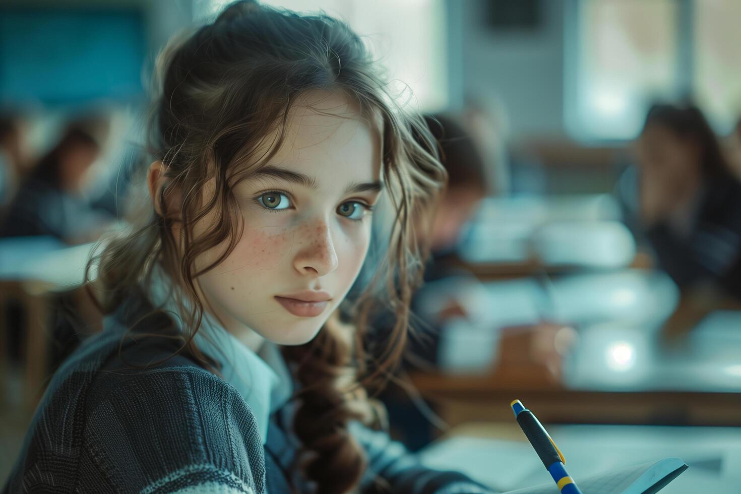 A girl sitting at a desk with a pen and paper photo