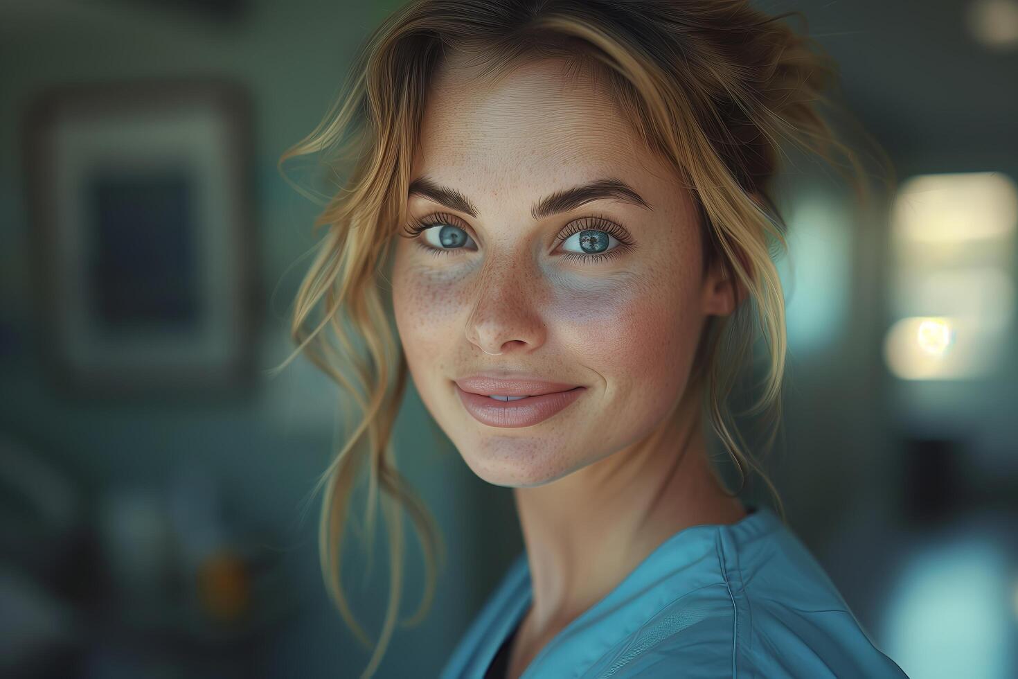 A woman with blue eyes and a blue shirt photo