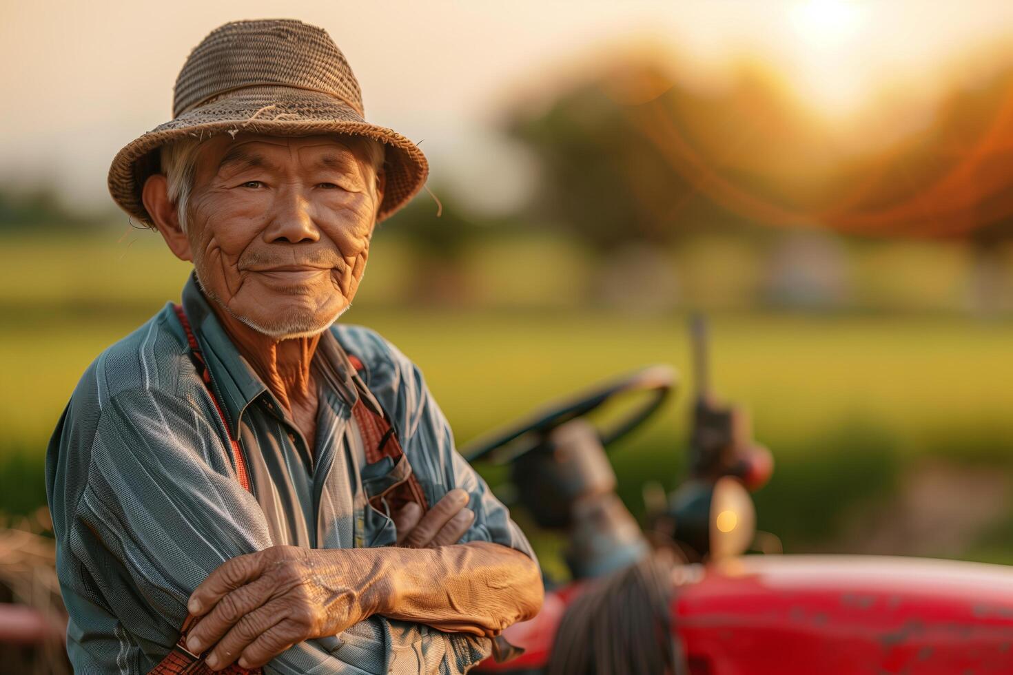 An old man with a hat and hat standing on a tractor photo