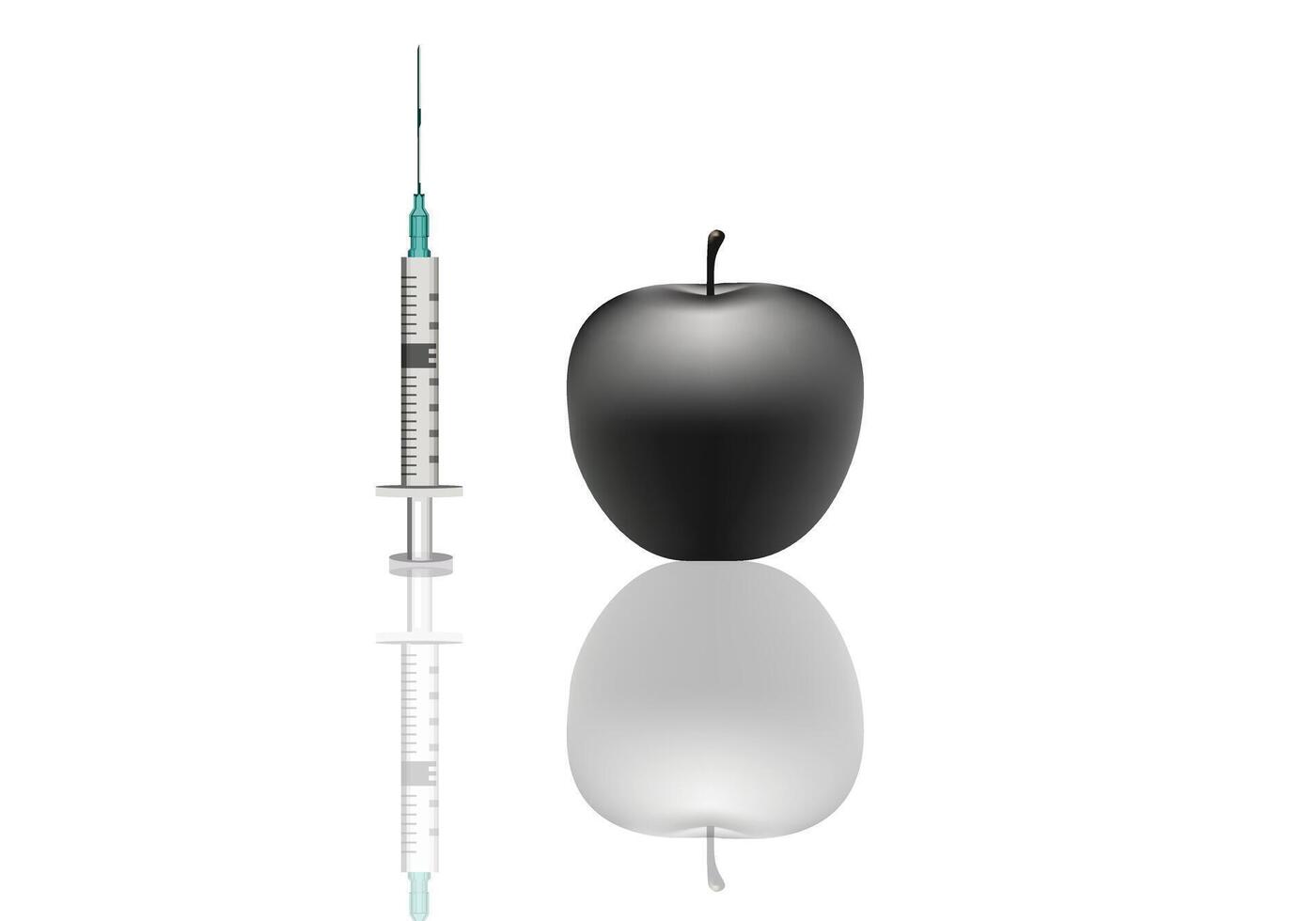 Syringe and Apple fruit, genetically modified food, isolated on white background, illustration. vector