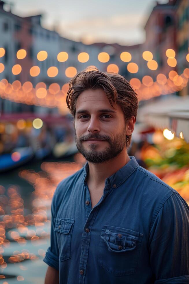 Man standing in front of a canal at night photo