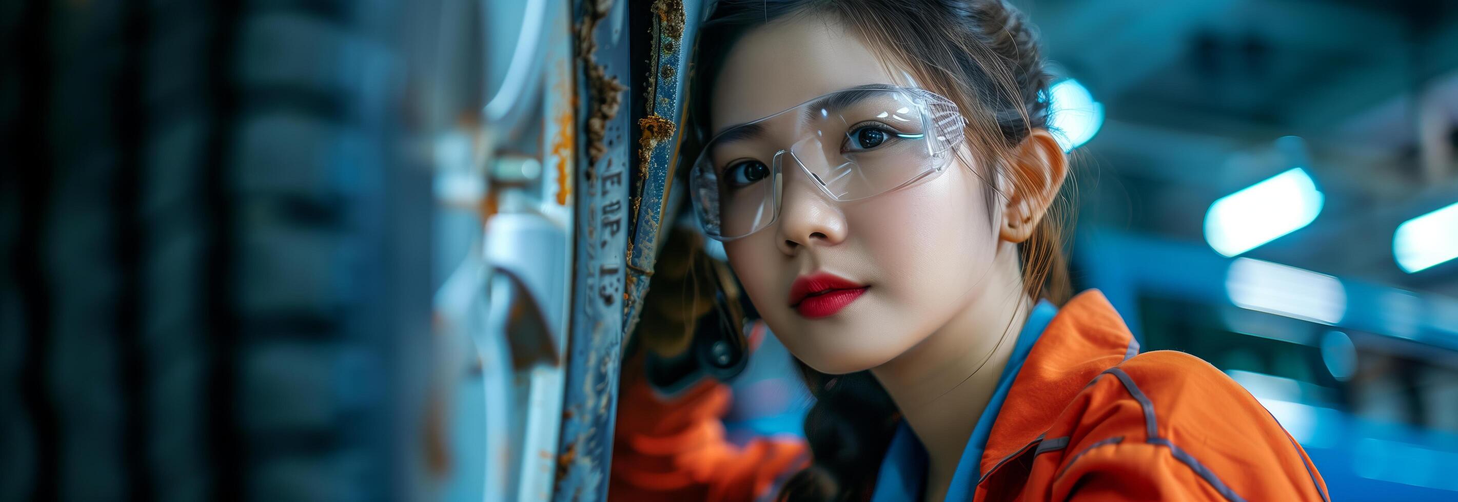 A woman in an orange shirt and safety glasses photo