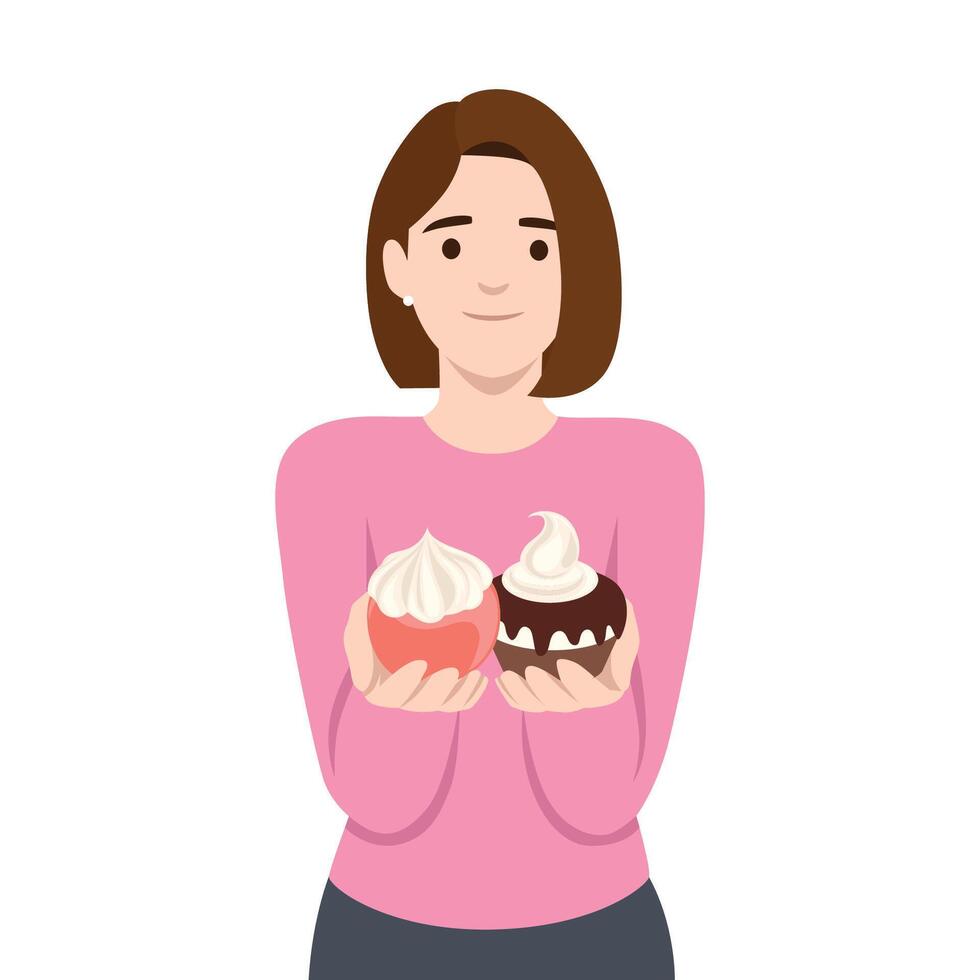 Woman holds two delicious cupcakes with whipped cream topping. vector
