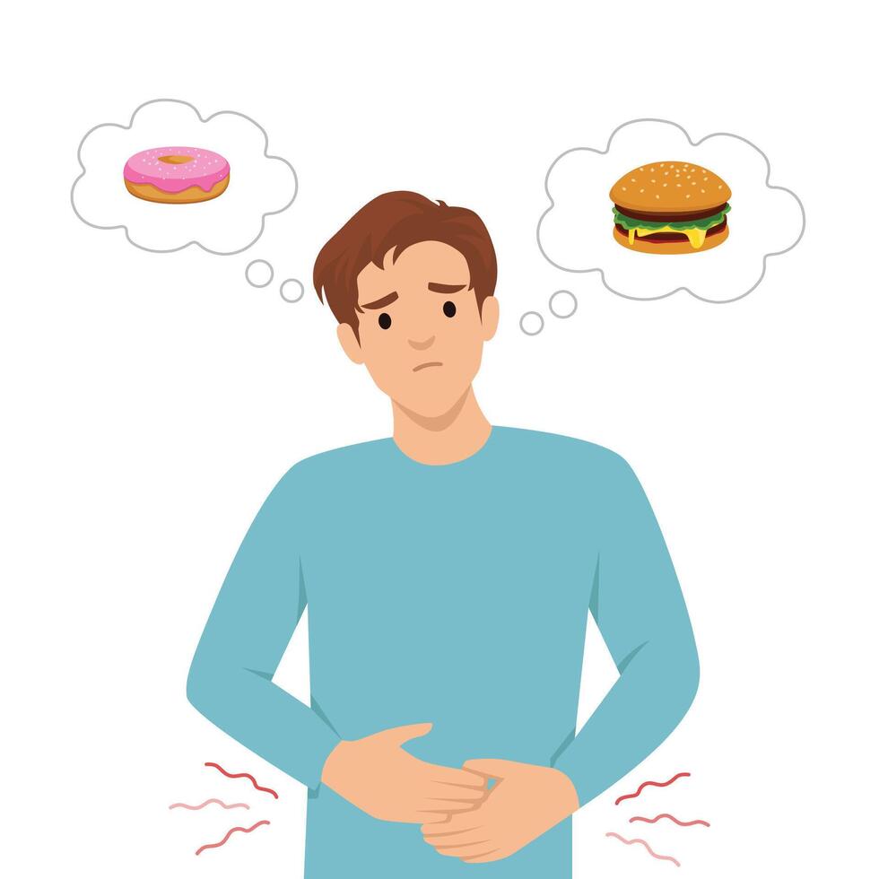 Man holding his stomach feels hungry while thinking about a donut and a hamburger. vector