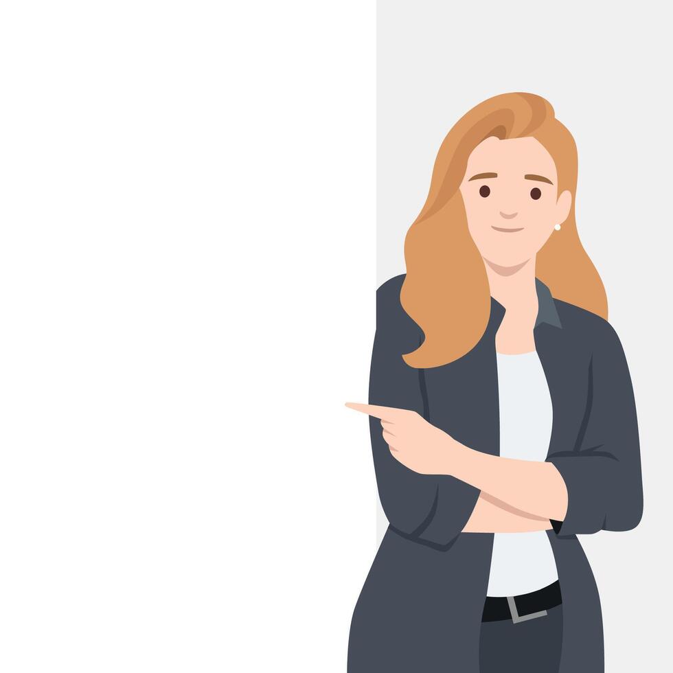 Young woman smiles while pointing towards a blank space, ideal for text or design placement. vector