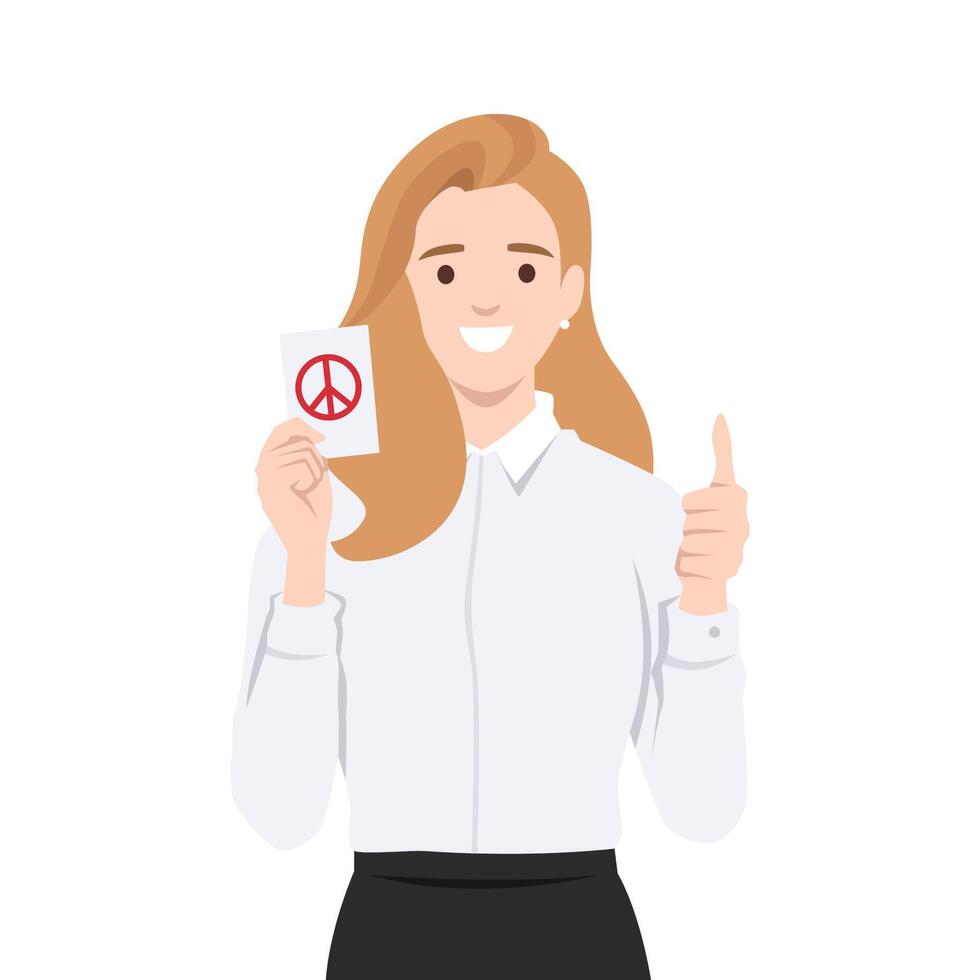 Woman in a white shirt holds a card with a red peace symbol while giving a thumbs up gesture. vector