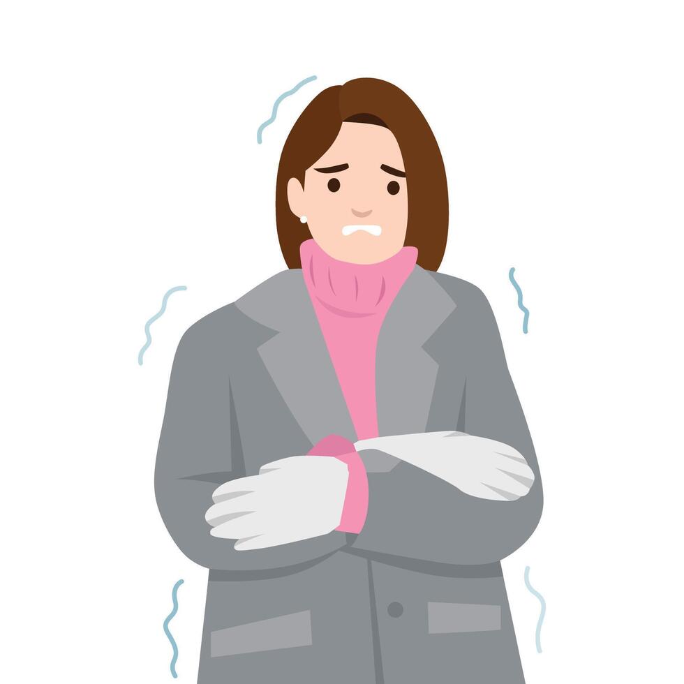 Shivering Woman in a Winter Coat and gloves, hugging herself and trembling from the cold. vector