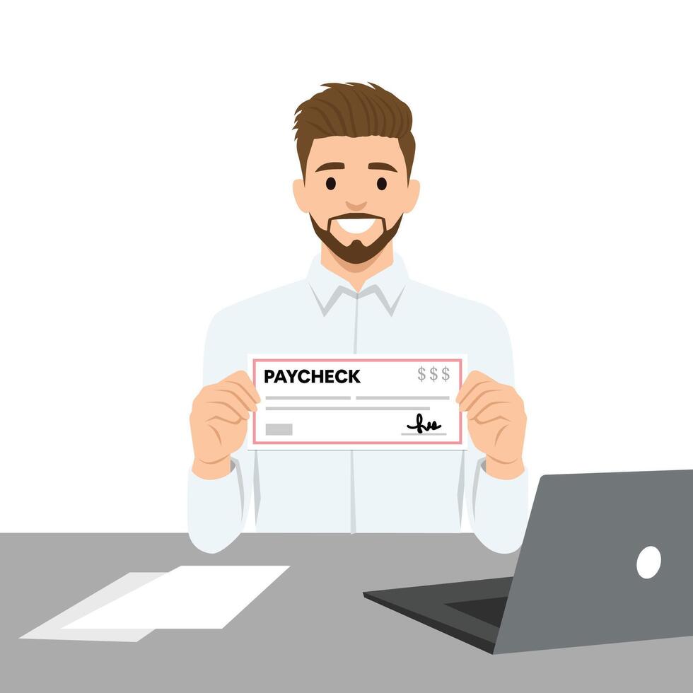 Cheerful man holds up his paycheck while sitting at a desk with a laptop and documents. vector