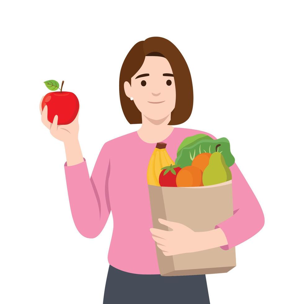 Woman holds a bright red apple and a grocery bag filled with fresh fruits and vegetables. vector
