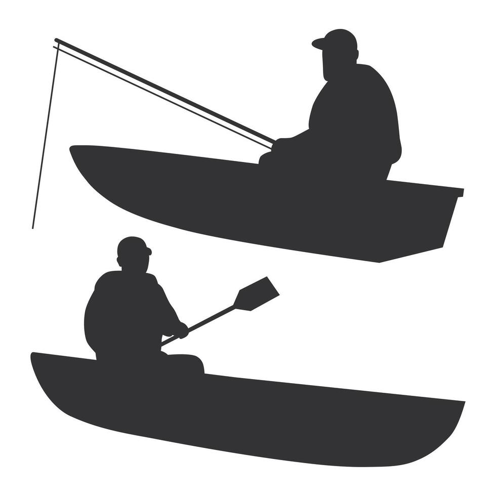 Silhouette of Man Fishing with Kayak. Black Man Fishing Silhouette on White Background. Fishing Hobby. vector