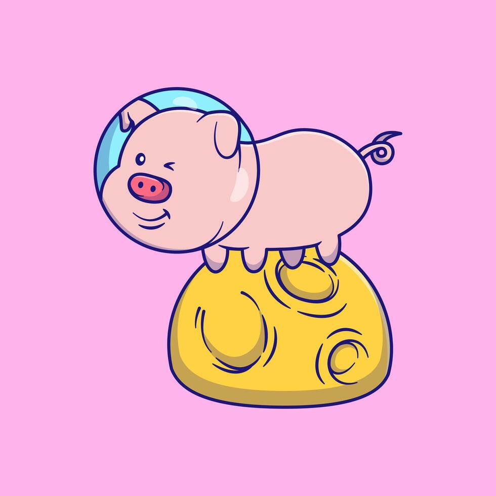 Cute Pig Standing On a Moon Wearing Helmet Cartoon Illustration. Animal Science Technology Concept. Flat Cartoon Outline Style. vector