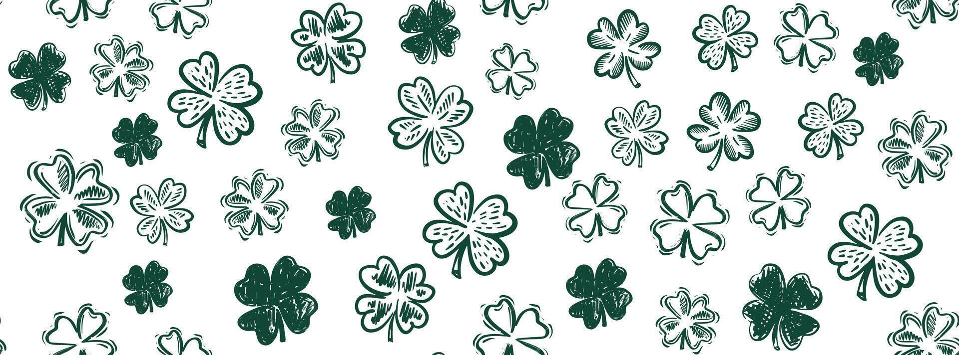 Green Clover pattern on white, hand drawn illustrations. Saint Patricks Day vector