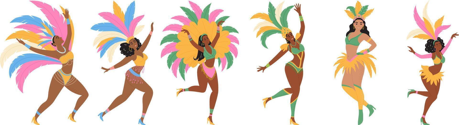 Brazilian carnival dancers. Set of women characters in festival costumes. Modern illustration vector