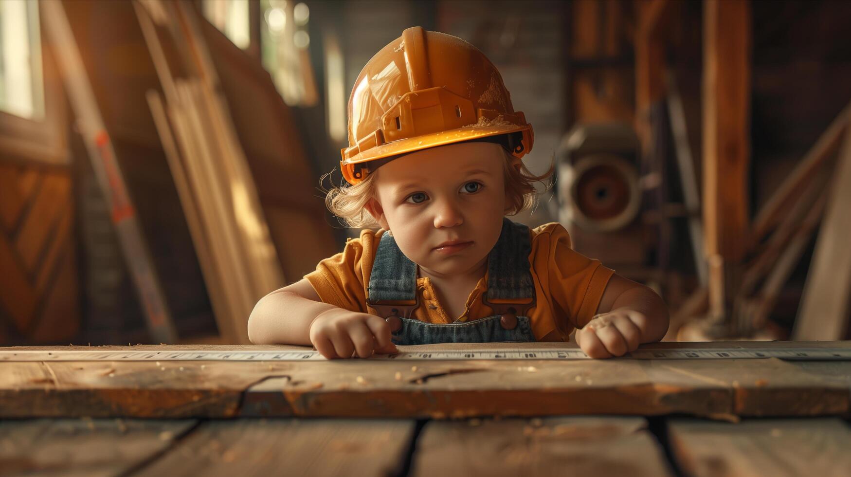 A little boy wearing a hard hat and overalls sits on a table photo