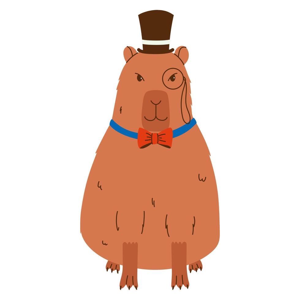 Cute capybara character. Funny rodent wearing hat, monocle and bow tie. Hand drawn illustration. vector