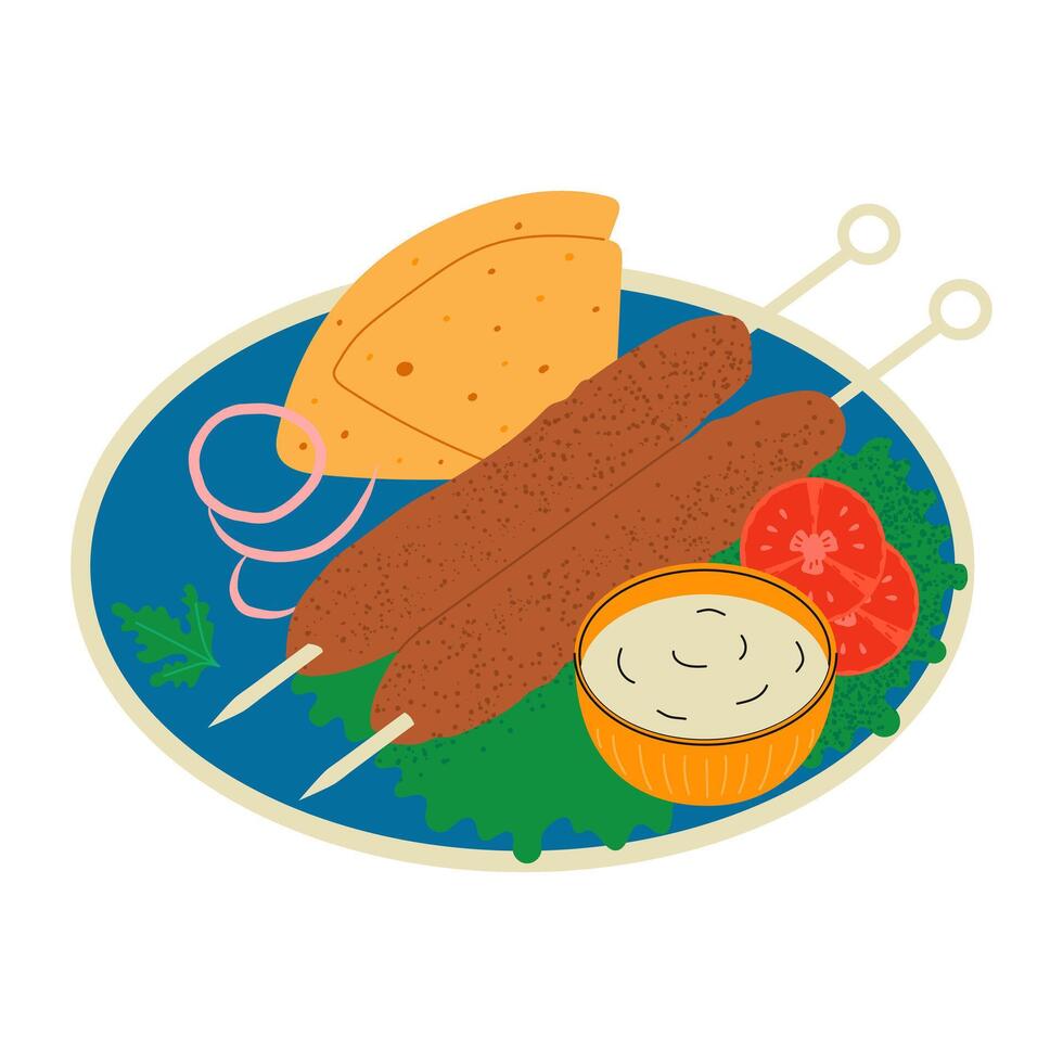 Kebab on skewers. Grill barbecue food. Hand drawn illustration vector