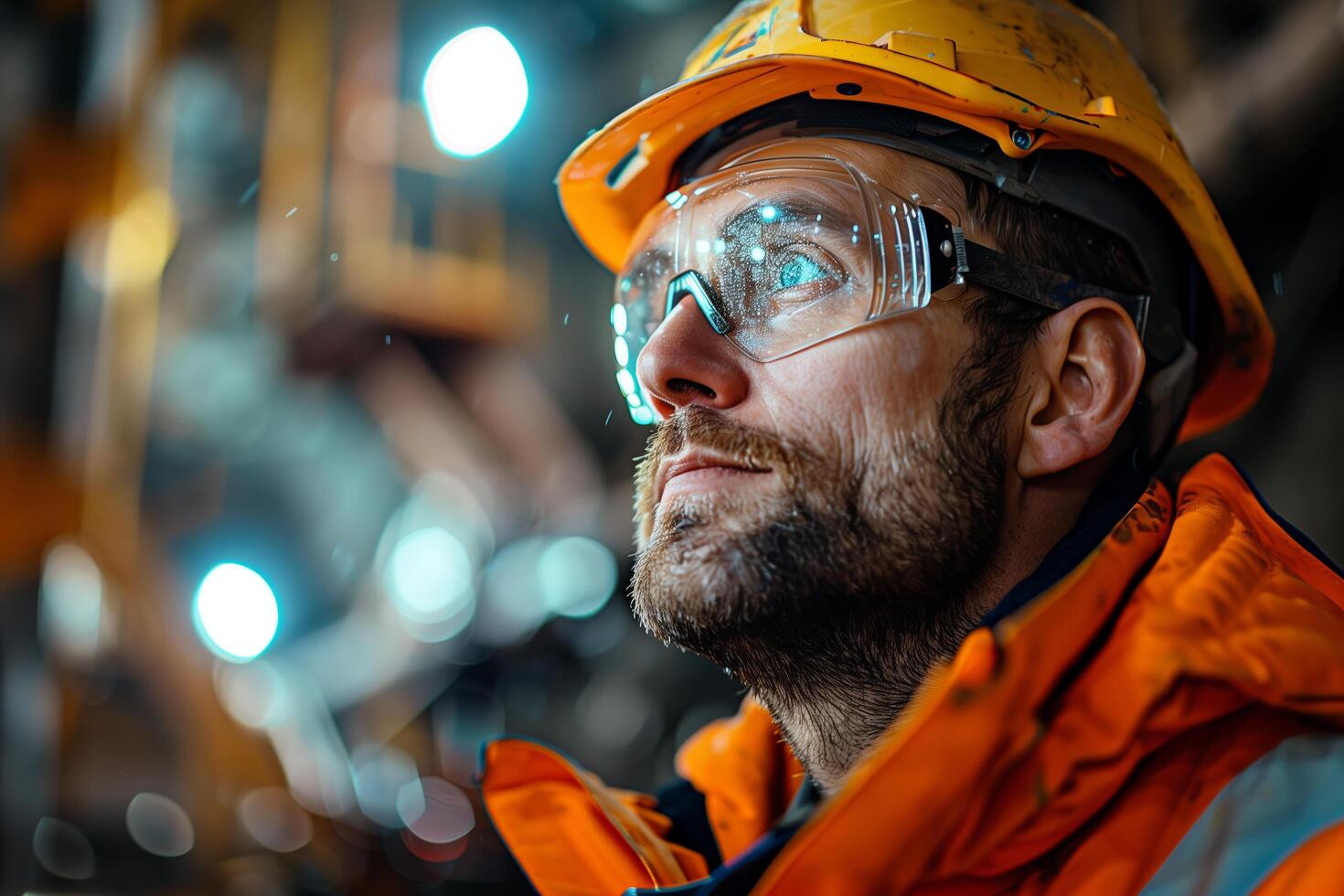 A man in an orange jacket and safety glasses photo