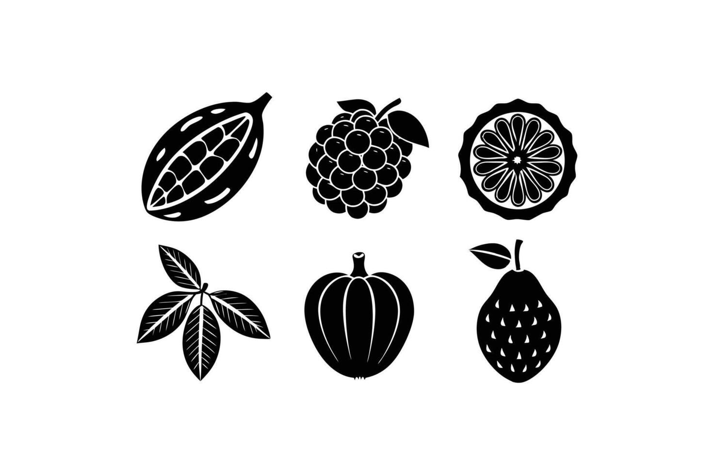 Exotic Fruit Silhouette Icons leaves and Snake Fruit, Jabuticaba, Miracle Fruit, Safou, Lucuma, Chirimoya vector