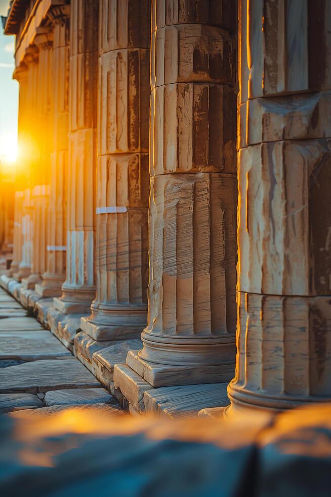 The sun is setting behind some columns in a greek temple photo