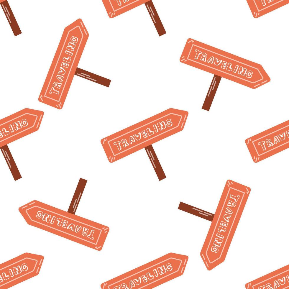 Seamless pattern with travel signpost in flat style on white background vector