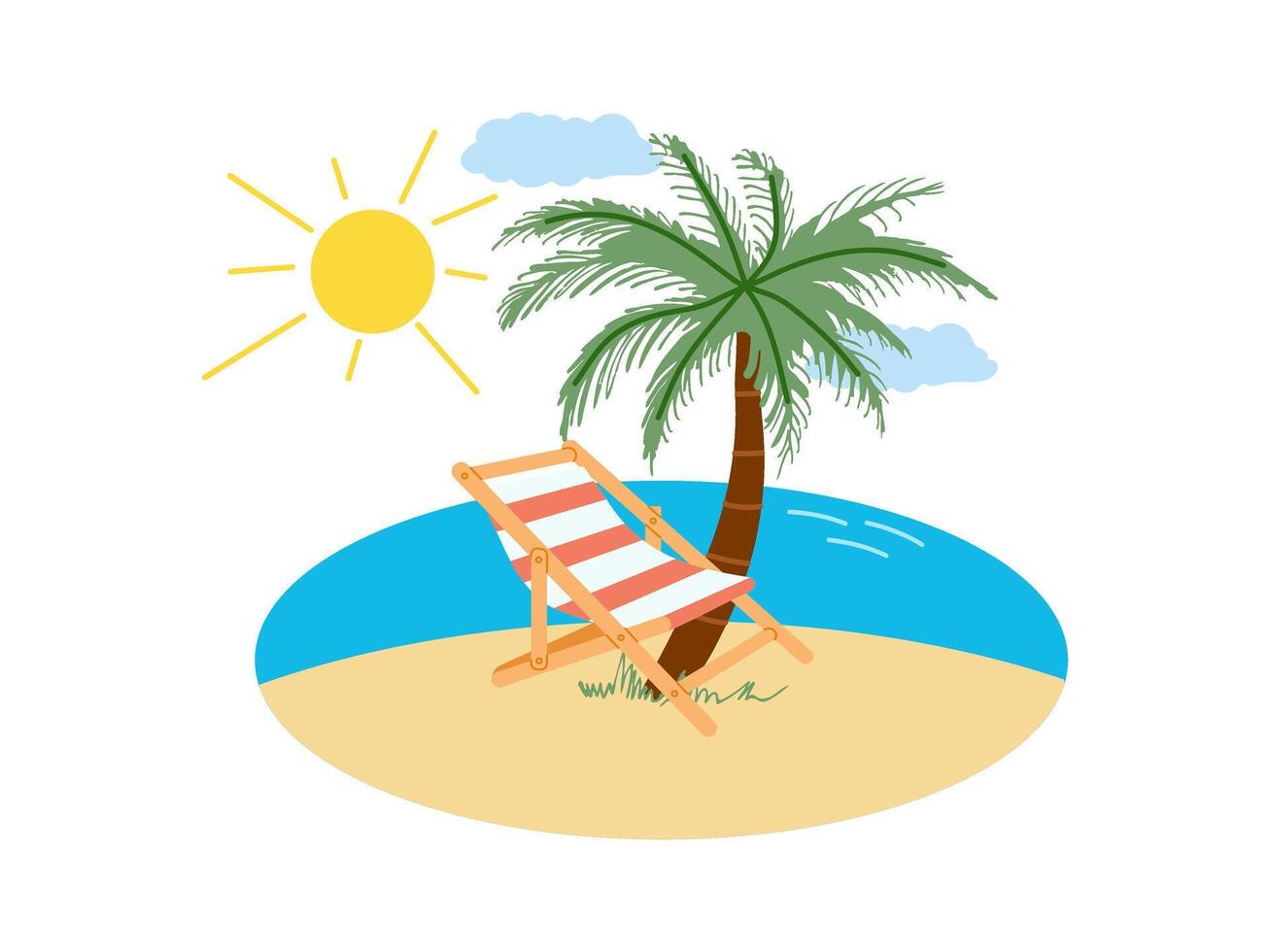 Tropical beach scene with palm tree, sun lounger and ocean view vector