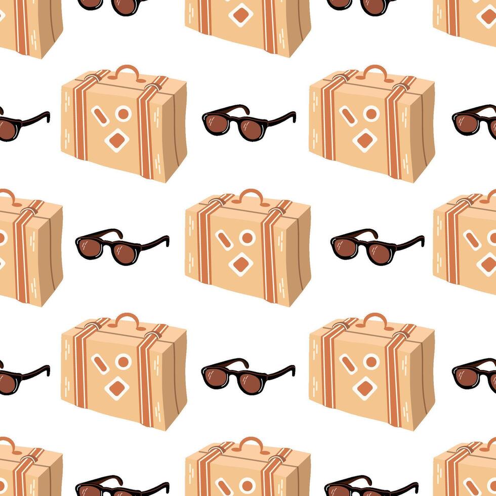 Seamless pattern with travel suitcase and sunglasses in flat style on white background vector