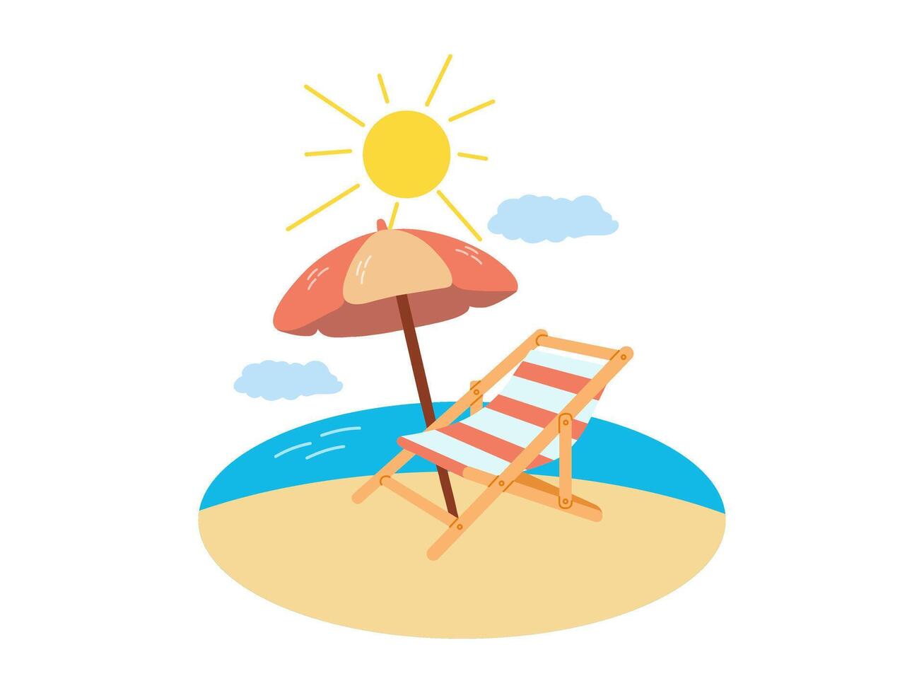 Beach vacation scene with sun, umbrella, and deck chair in flat style vector