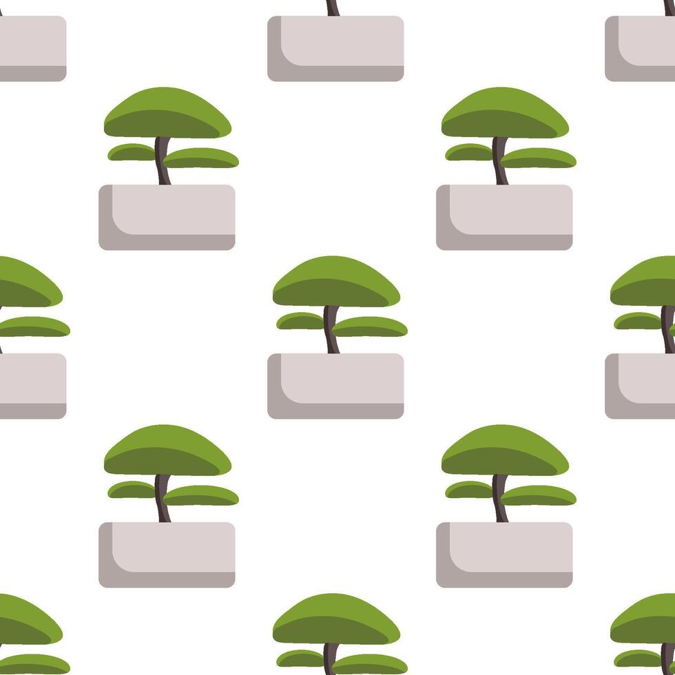 Seamless pattern with bonsai tree in pot on white background, minimalistic illustration vector