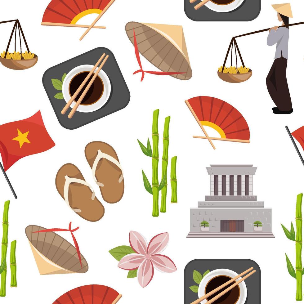 Seamless pattern with traditional Vietnamese symbols and cultural elements on white background vector