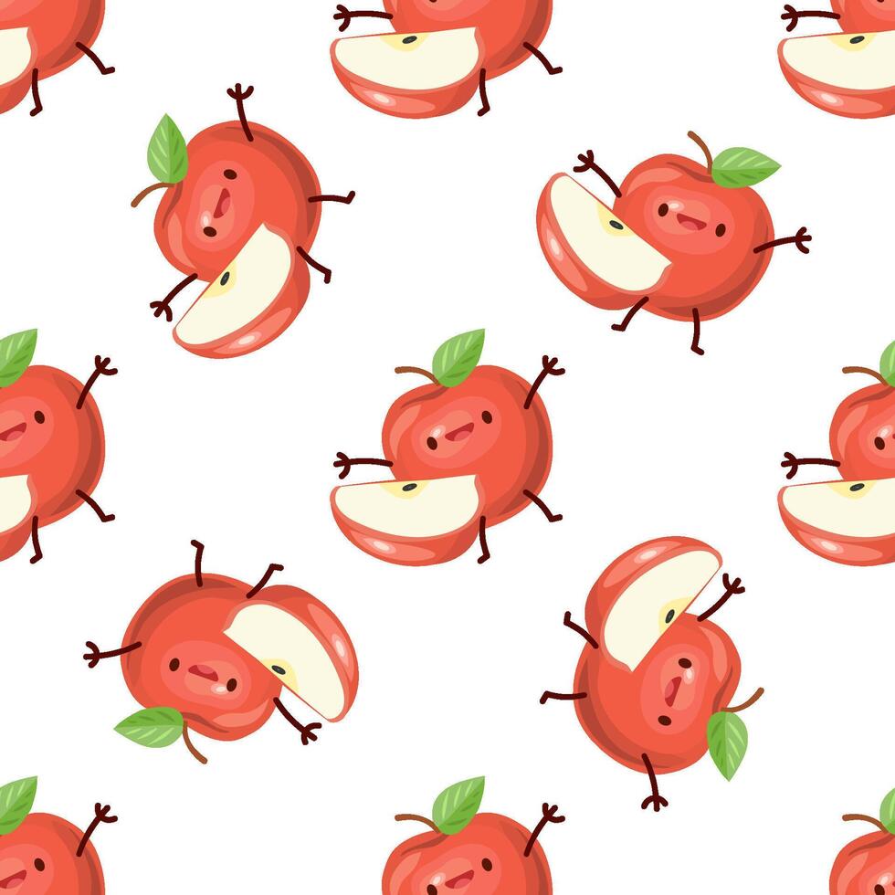 Seamless pattern with cute red apple characters in flat style on white background vector