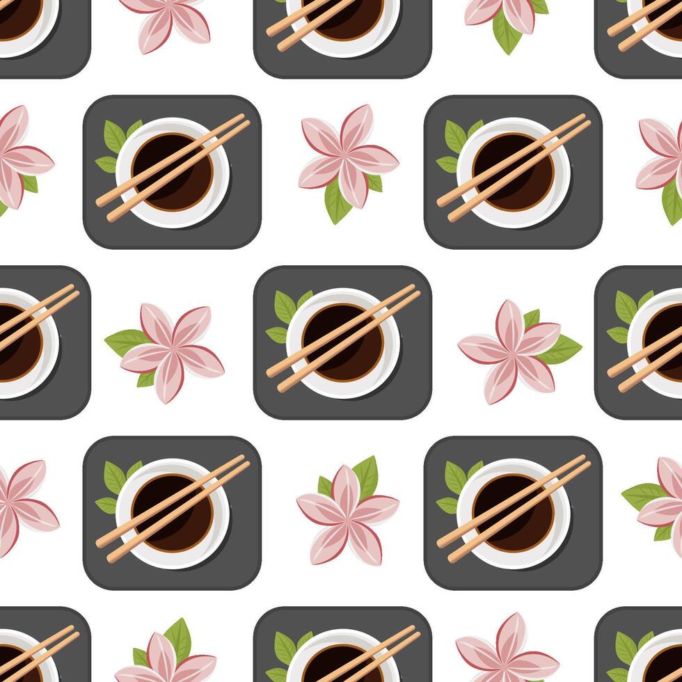 Seamless pattern with soy sauce, chopsticks and lotus flowers on white background, modern illustration vector