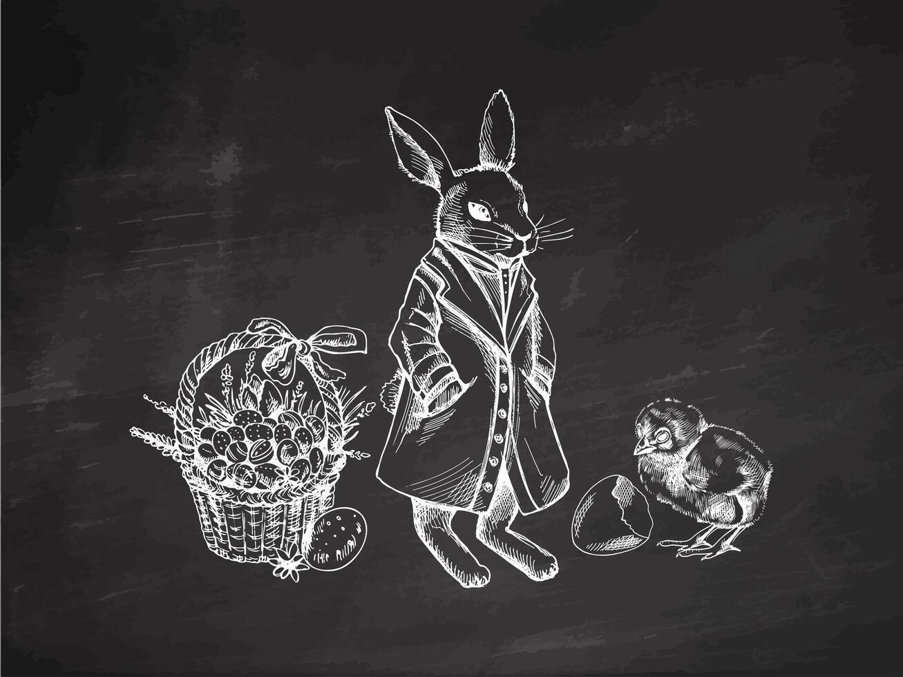 Hand drawn Easter bunny, chick and basket with eggs on chalkboard background vector
