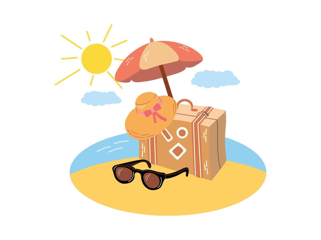 Summer beach vacation with suitcase, hat, sunglasses and umbrella vector