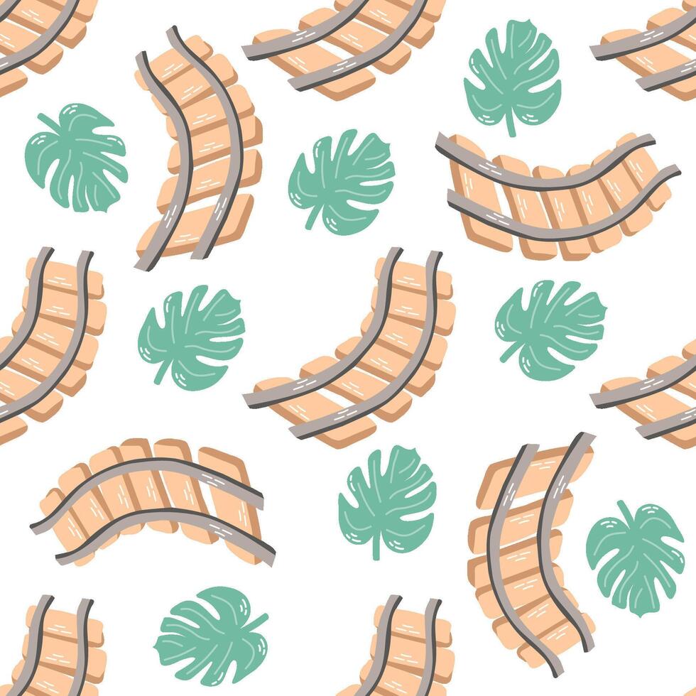 Seamless pattern with curved railway tracks and monstera leaves in flat style on white background vector