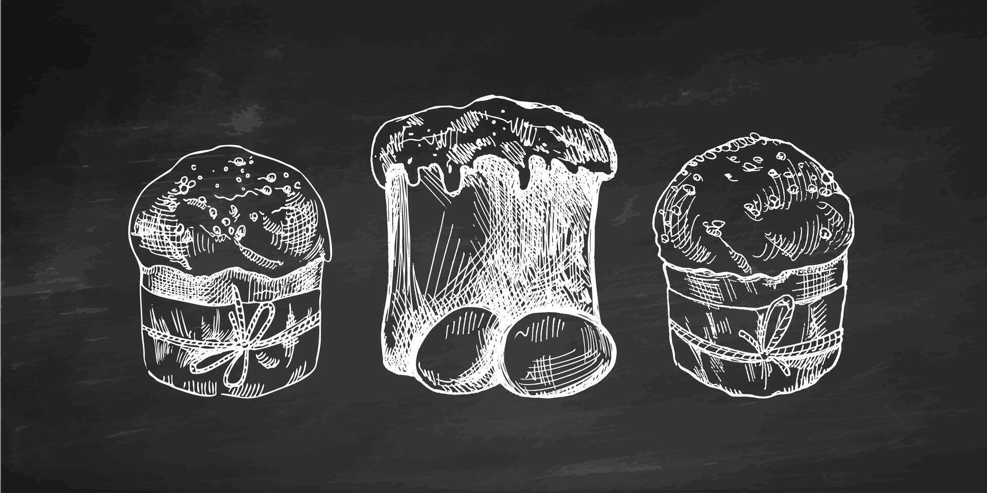 Hand drawn chalkboard Easter cakes with icing and eggs on chalkboard background vector