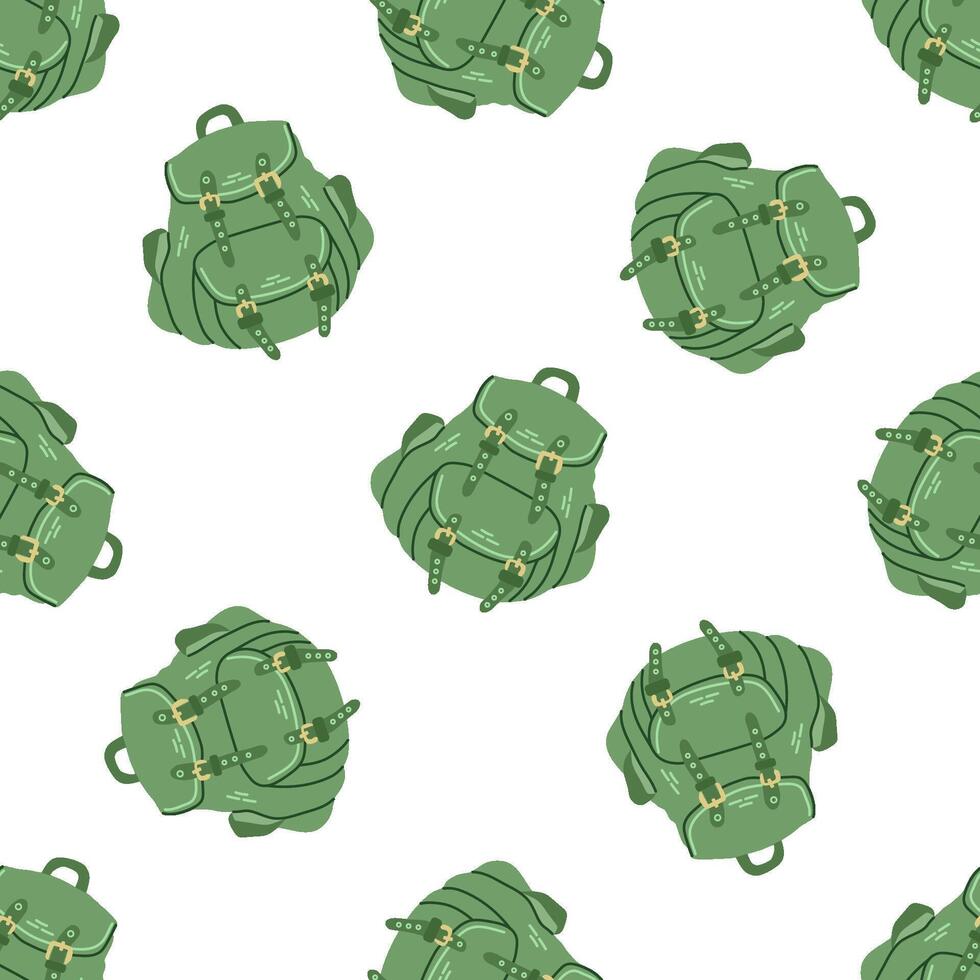 Seamless pattern with green travel backpacks in flat style on white background vector