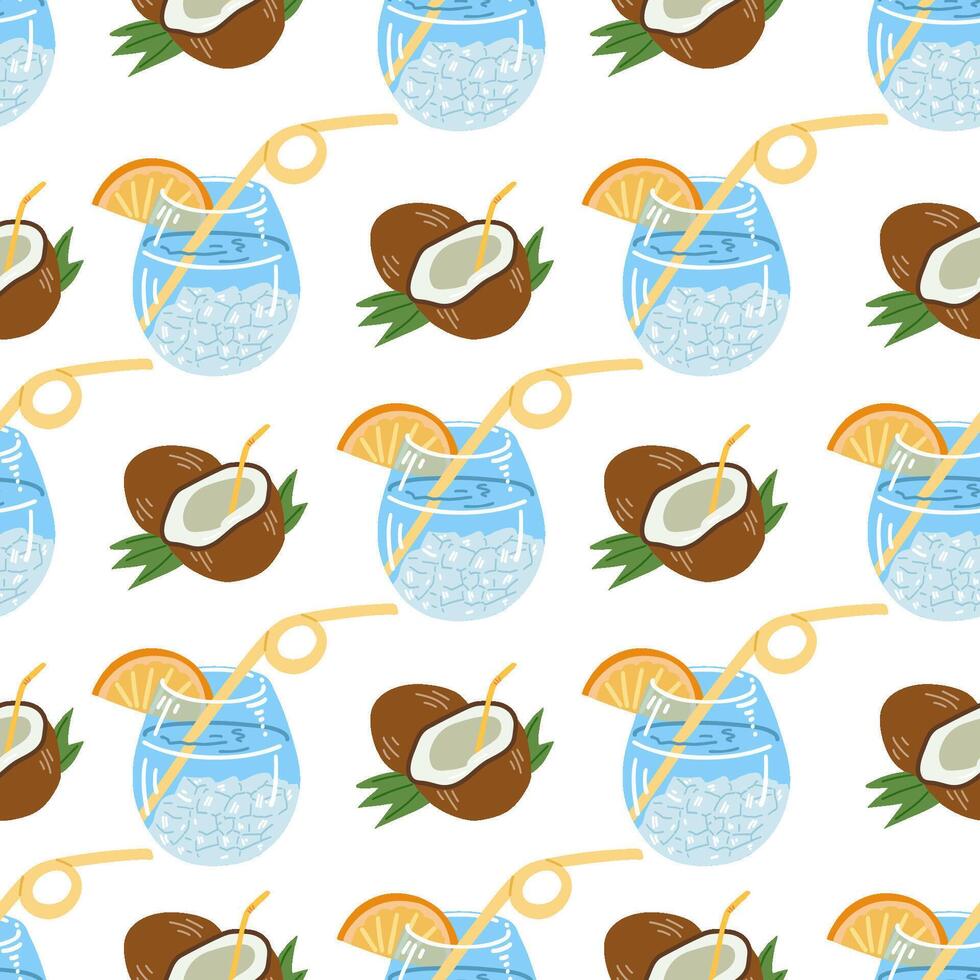 Seamless pattern with coconut cocktail and tropical fruit in flat style on white background vector