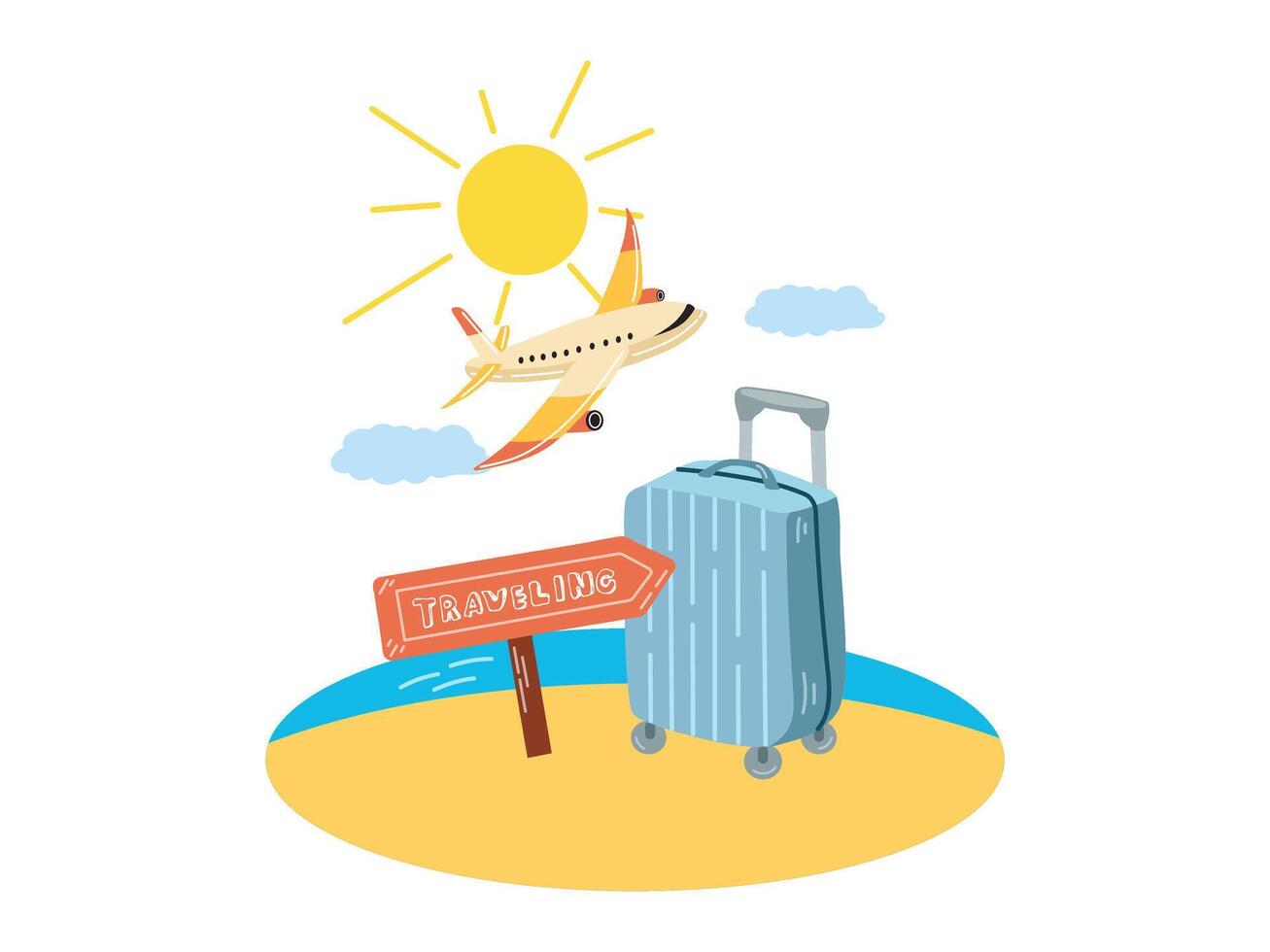 Travel illustration with airplane, suitcase, and signpost in flat style on white background vector